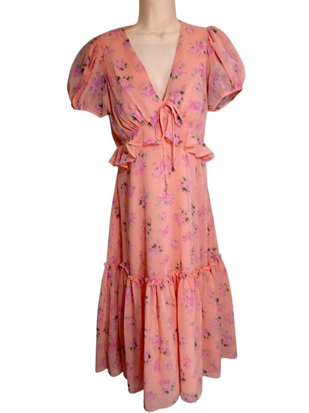 Loveshack Fancy Sz 6 Pink Rose Floral Chiffon Dress Cottage Core Boho Coquette - Picture 3 of 13